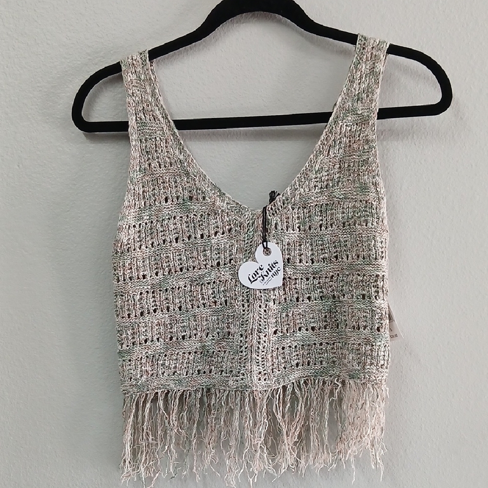 Crochet Fringe Crop Top - Cream Green Blend